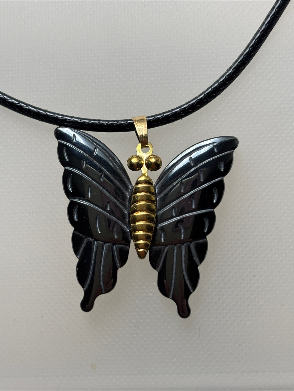 🟨Brand New Hematite Carved Butterfly Pendant, Black & Gold